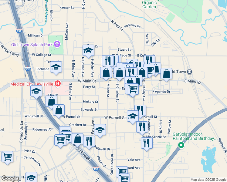 map of restaurants, bars, coffee shops, grocery stores, and more near 220 Elm Street in Lewisville