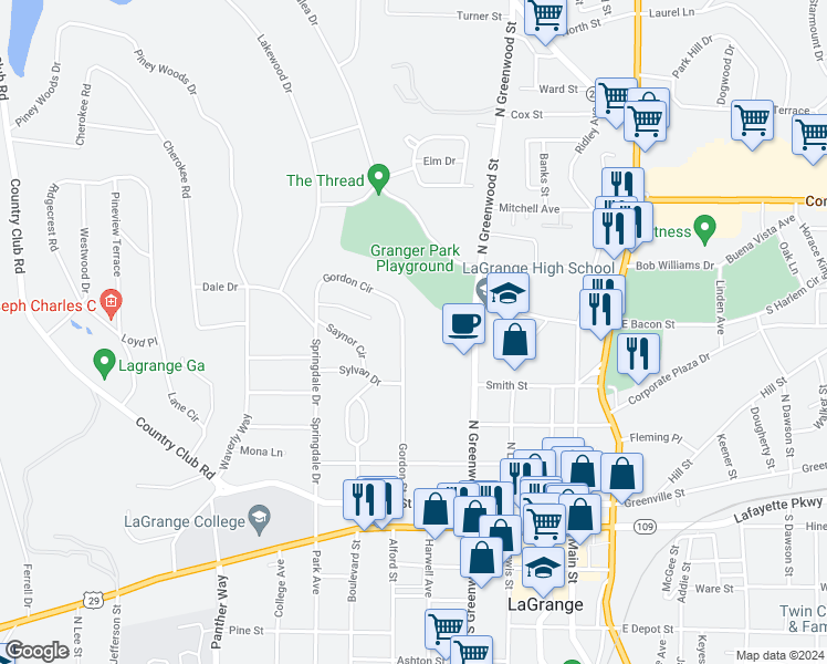 map of restaurants, bars, coffee shops, grocery stores, and more near 420 Gordon Street in LaGrange