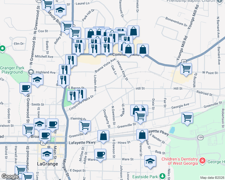 map of restaurants, bars, coffee shops, grocery stores, and more near 406 East Bacon Street in LaGrange