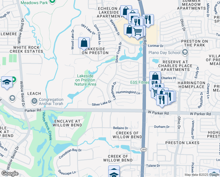 map of restaurants, bars, coffee shops, grocery stores, and more near 3513 Lakebrook Drive in Plano