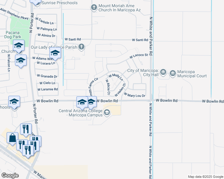 map of restaurants, bars, coffee shops, grocery stores, and more near 40402 West Peggy Court in Maricopa
