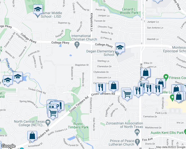 map of restaurants, bars, coffee shops, grocery stores, and more near 394 Yorkshire Terrace in Lewisville