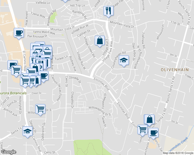 map of restaurants, bars, coffee shops, grocery stores, and more near 1919 Village Wood Road in Encinitas