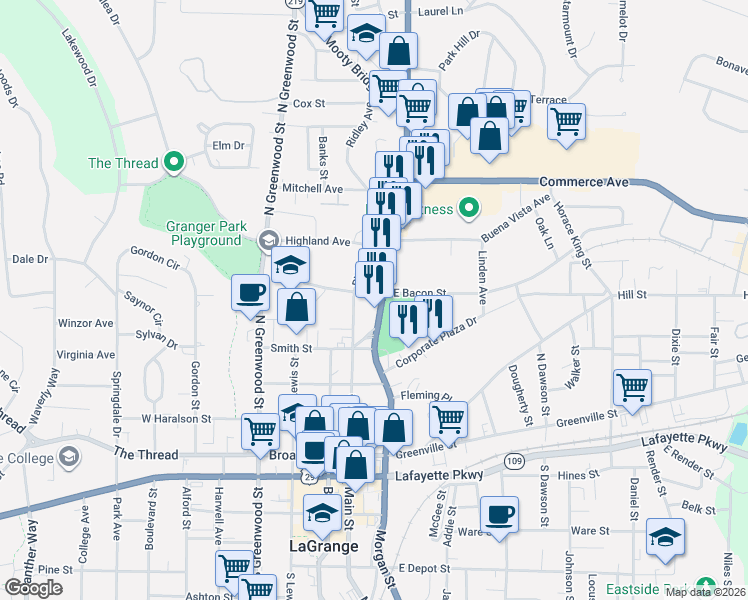 map of restaurants, bars, coffee shops, grocery stores, and more near 117 New Franklin Rd in LaGrange