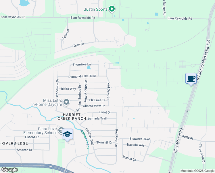 map of restaurants, bars, coffee shops, grocery stores, and more near 1933 J Cheshier Road in Justin