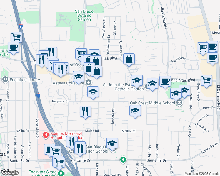 map of restaurants, bars, coffee shops, grocery stores, and more near 606 Camino De Orchidia in Encinitas