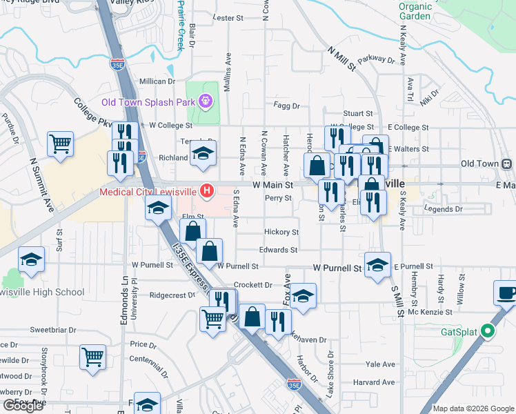 map of restaurants, bars, coffee shops, grocery stores, and more near 400 West Main Street in Lewisville