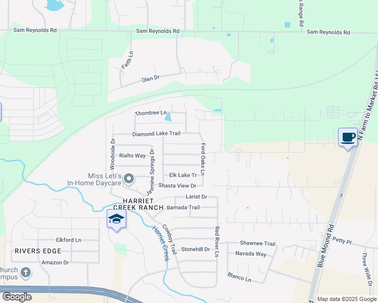 map of restaurants, bars, coffee shops, grocery stores, and more near 1909 J Cheshier Road in Justin