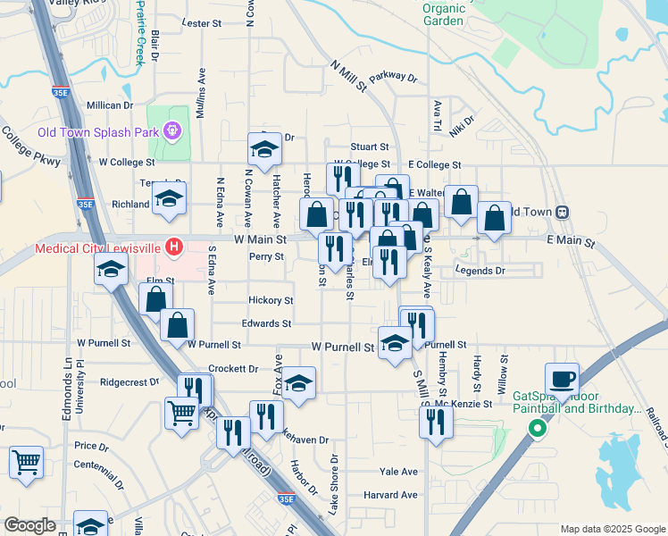map of restaurants, bars, coffee shops, grocery stores, and more near 220 Elm Street in Lewisville