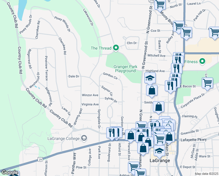 map of restaurants, bars, coffee shops, grocery stores, and more near 110 Saynor Circle in LaGrange