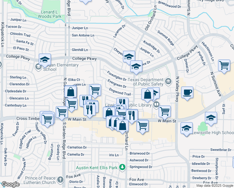 map of restaurants, bars, coffee shops, grocery stores, and more near 1382 Dogwood Trail in Lewisville