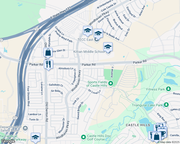 map of restaurants, bars, coffee shops, grocery stores, and more near 408 Red Castle Drive in Lewisville
