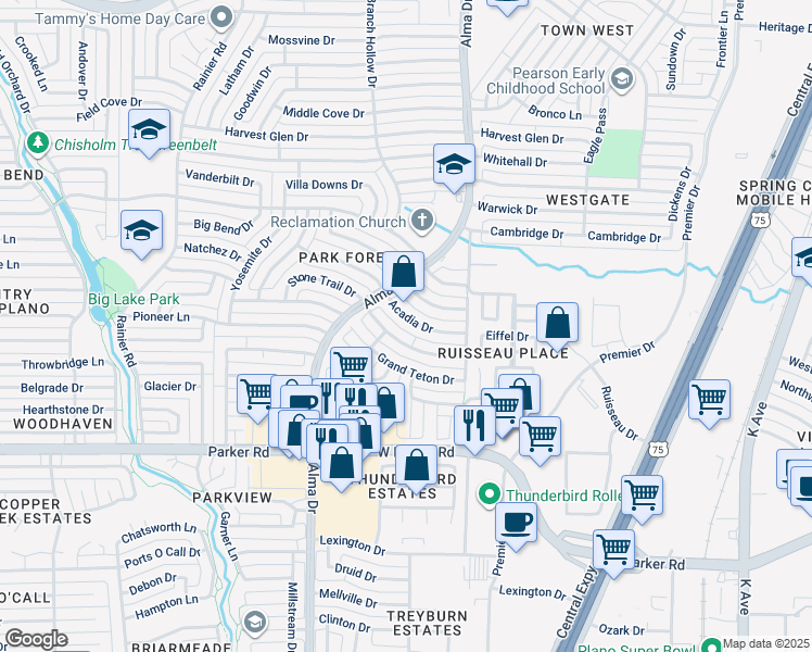 map of restaurants, bars, coffee shops, grocery stores, and more near 840 Acadia Drive in Plano