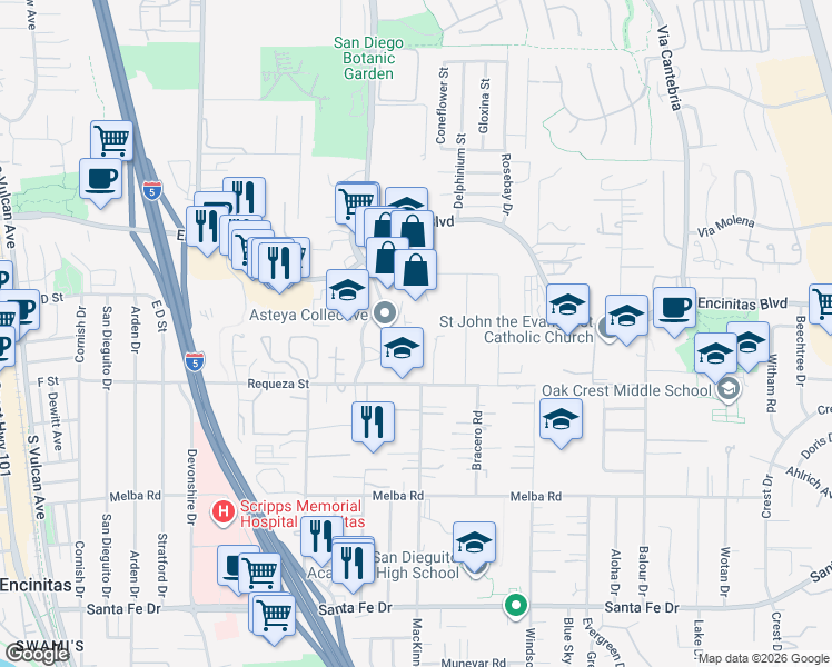 map of restaurants, bars, coffee shops, grocery stores, and more near 591 Westlake Street in Encinitas