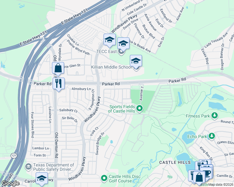 map of restaurants, bars, coffee shops, grocery stores, and more near 412 Red Castle Drive in Lewisville