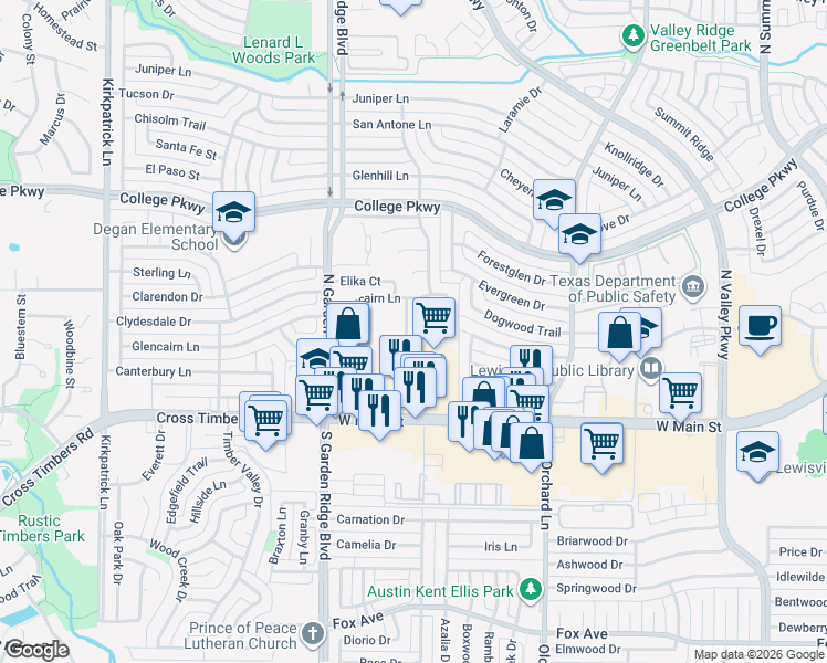 map of restaurants, bars, coffee shops, grocery stores, and more near 1513 Pine Ridge Drive in Lewisville