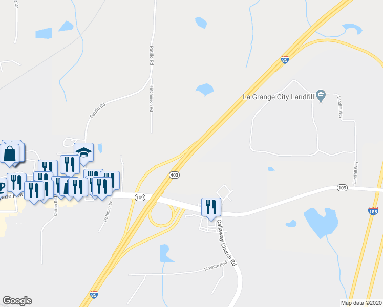 map of restaurants, bars, coffee shops, grocery stores, and more near Interstate 85 in LaGrange