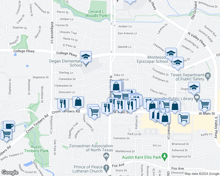 map of restaurants, bars, coffee shops, grocery stores, and more near 356 North Garden Ridge Boulevard in Lewisville