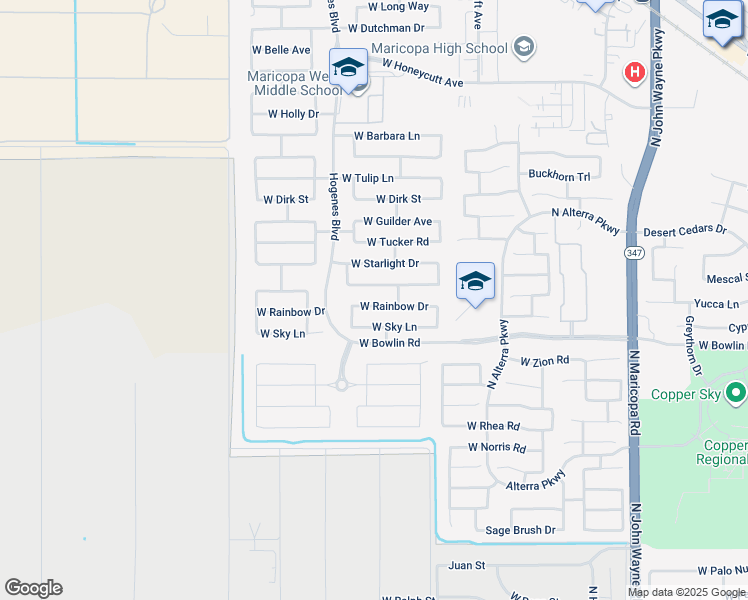map of restaurants, bars, coffee shops, grocery stores, and more near 45722 Rainbow Drive in Maricopa