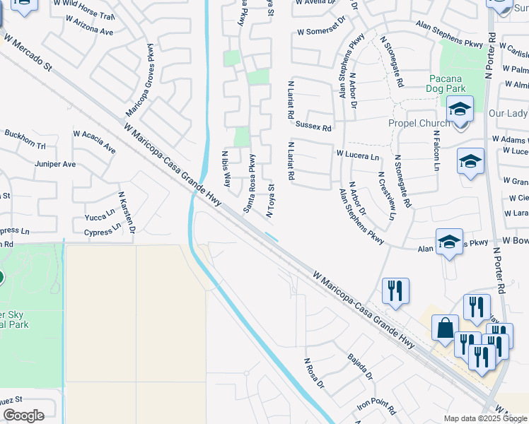 map of restaurants, bars, coffee shops, grocery stores, and more near 42788 West Martie Lynn Road in Maricopa