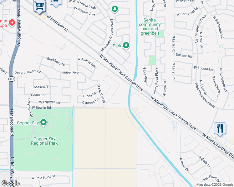 map of restaurants, bars, coffee shops, grocery stores, and more near 43356 West Drake Court in Maricopa