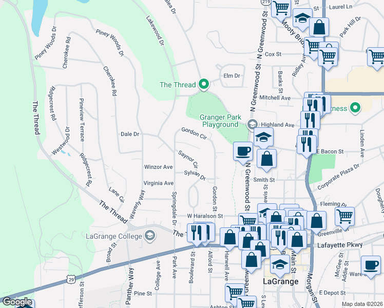 map of restaurants, bars, coffee shops, grocery stores, and more near 110 Saynor Circle in LaGrange