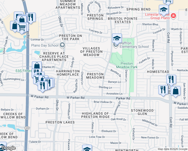 map of restaurants, bars, coffee shops, grocery stores, and more near 4521 Barwyn Ct in Plano