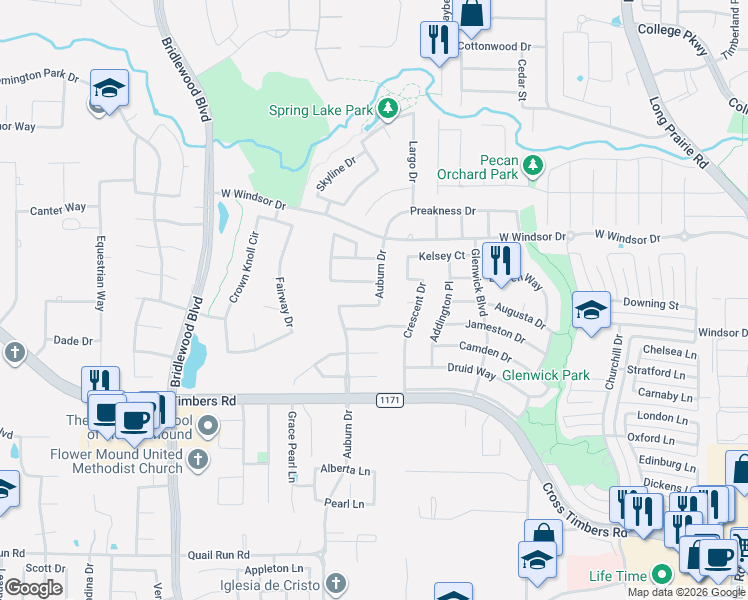 map of restaurants, bars, coffee shops, grocery stores, and more near 4325 Auburn Drive in Flower Mound