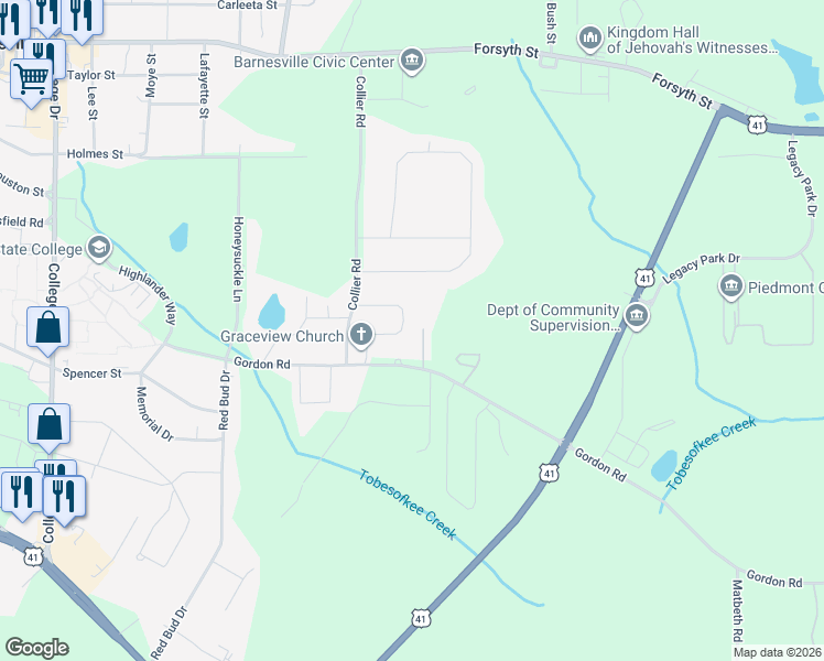 map of restaurants, bars, coffee shops, grocery stores, and more near 132 Edgewood Circle in Barnesville