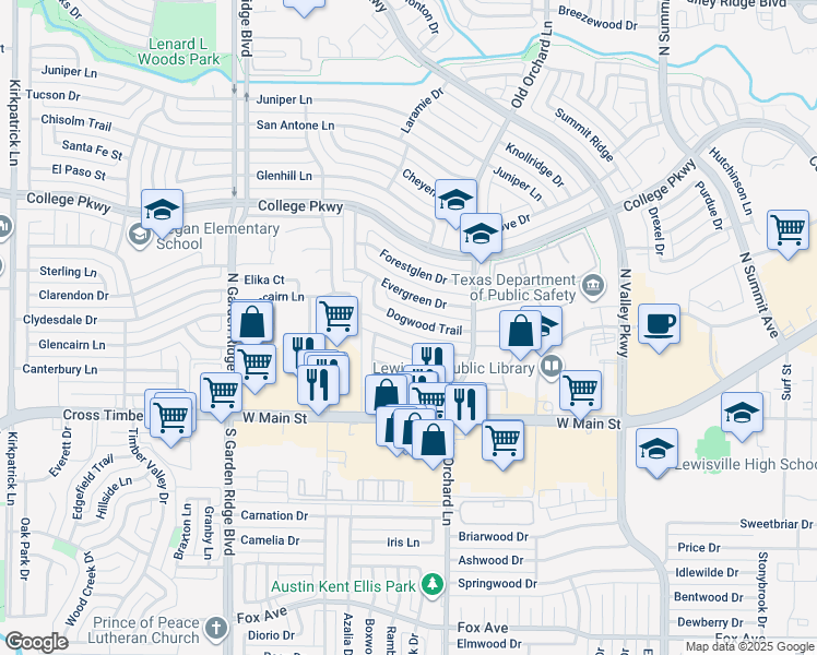 map of restaurants, bars, coffee shops, grocery stores, and more near 1382 Dogwood Trail in Lewisville