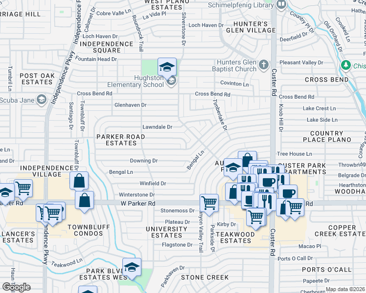 map of restaurants, bars, coffee shops, grocery stores, and more near 2400 Landershire Lane in Plano