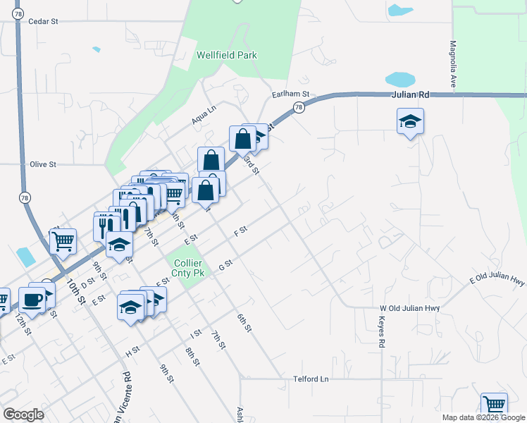map of restaurants, bars, coffee shops, grocery stores, and more near 325 F Street in Ramona