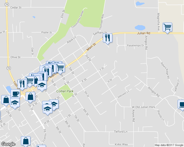 map of restaurants, bars, coffee shops, grocery stores, and more near 325 F Street in Ramona