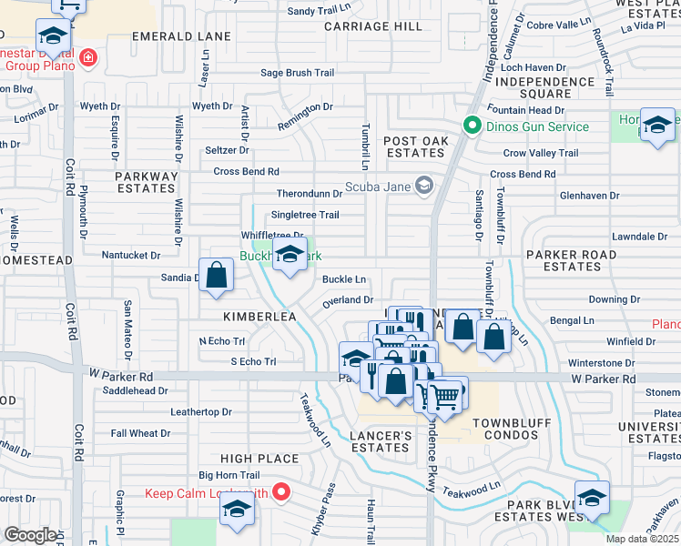 map of restaurants, bars, coffee shops, grocery stores, and more near 3329 Buckle Lane in Plano