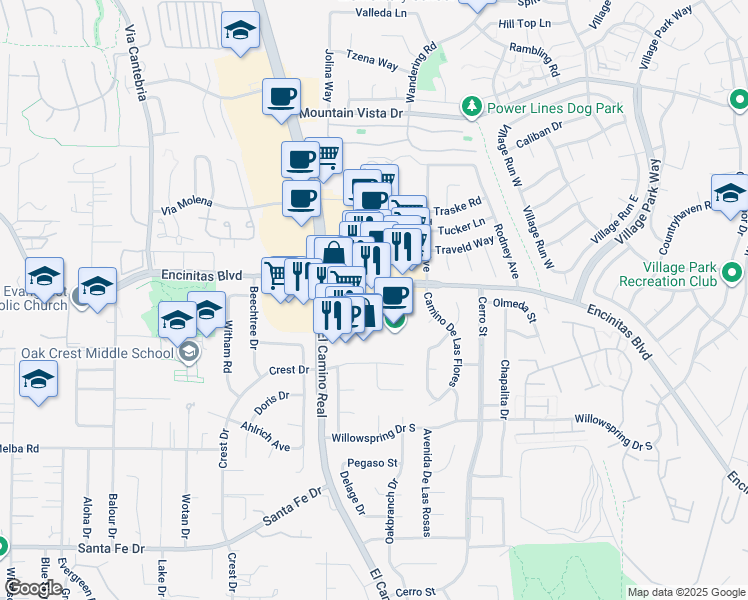 map of restaurants, bars, coffee shops, grocery stores, and more near 1441 Encinitas Boulevard in Encinitas
