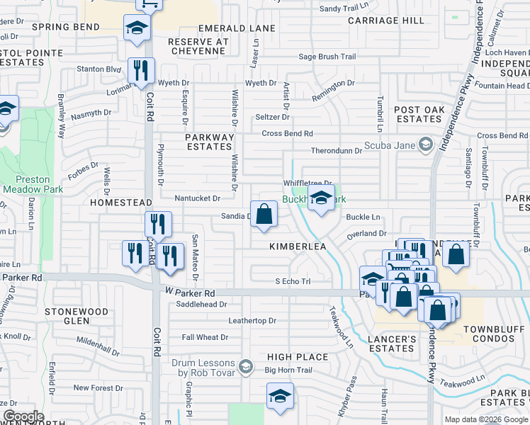 map of restaurants, bars, coffee shops, grocery stores, and more near 3621 Sandia Dr in Plano