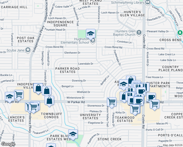 map of restaurants, bars, coffee shops, grocery stores, and more near 2525 Glen Forest Lane in Plano