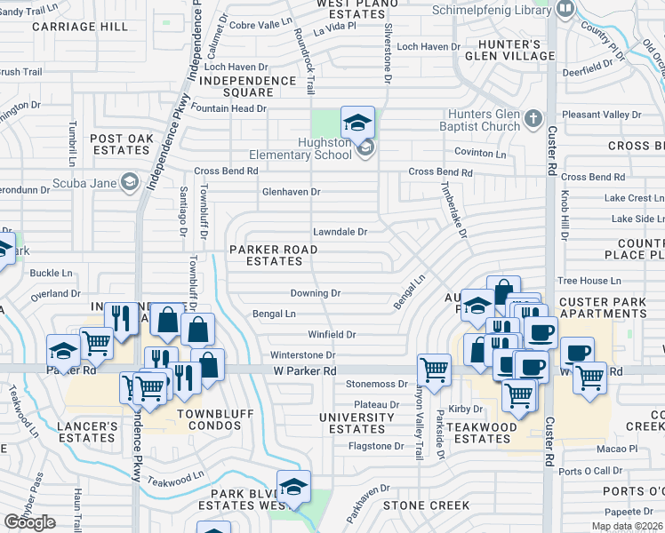 map of restaurants, bars, coffee shops, grocery stores, and more near 2621 Glen Forest Lane in Plano