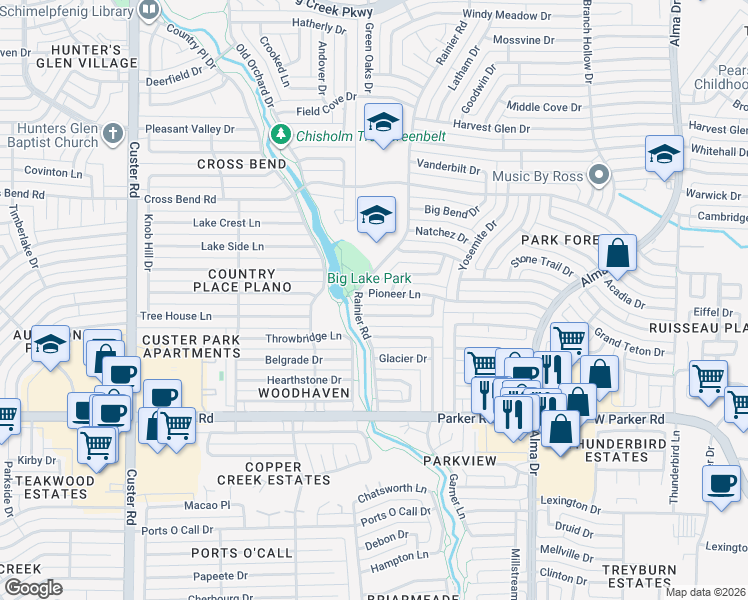 map of restaurants, bars, coffee shops, grocery stores, and more near 1459 Waterton Drive in Plano