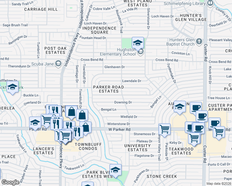 map of restaurants, bars, coffee shops, grocery stores, and more near 2705 Glen Forest Lane in Plano