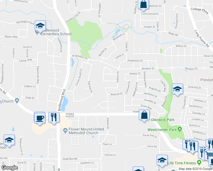 map of restaurants, bars, coffee shops, grocery stores, and more near 4305 Auburn Drive in Flower Mound
