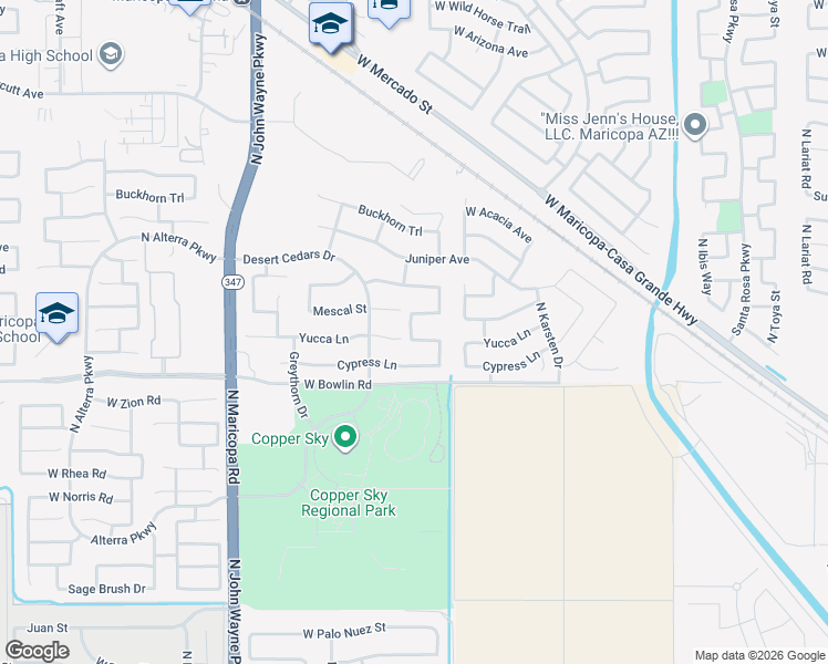 map of restaurants, bars, coffee shops, grocery stores, and more near 44020 Yucca Lane in Maricopa