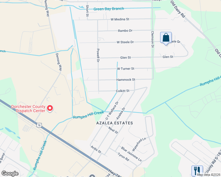 map of restaurants, bars, coffee shops, grocery stores, and more near 113 Colkitt Street in Summerville