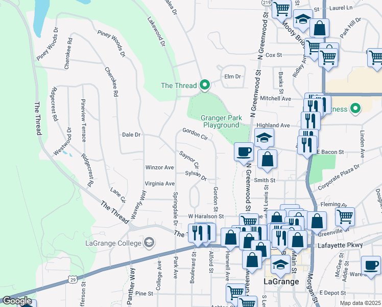 map of restaurants, bars, coffee shops, grocery stores, and more near 110 Saynor Circle in LaGrange