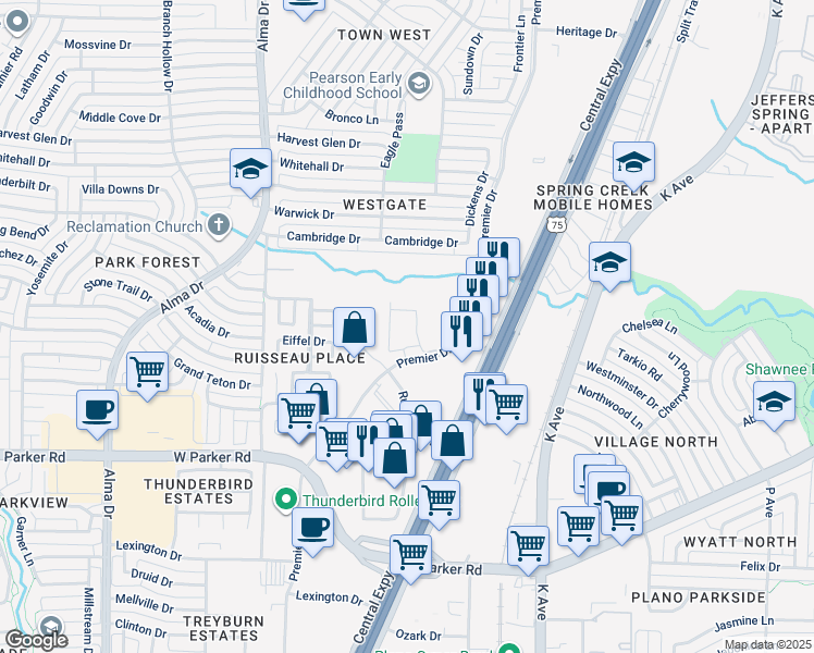 map of restaurants, bars, coffee shops, grocery stores, and more near 3409 Premier Drive in Plano