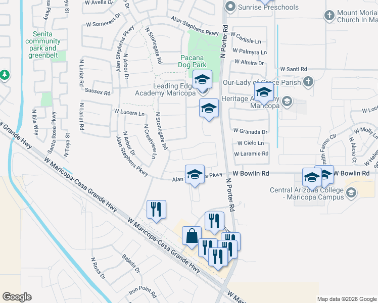 map of restaurants, bars, coffee shops, grocery stores, and more near 41812 West Laramie Road in Maricopa