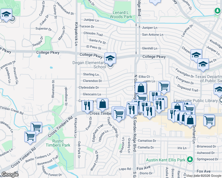 map of restaurants, bars, coffee shops, grocery stores, and more near 1665 Glencairn Lane in Lewisville