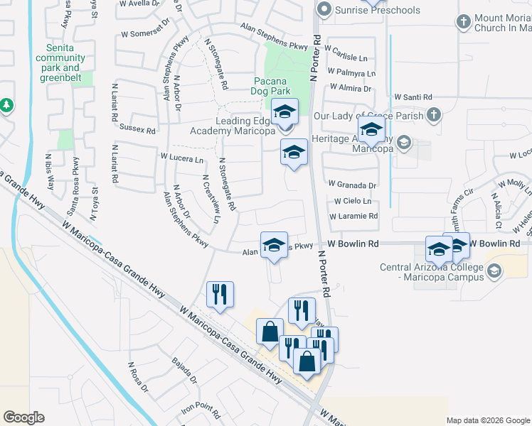 map of restaurants, bars, coffee shops, grocery stores, and more near 41785 West Cielo Lane in Maricopa
