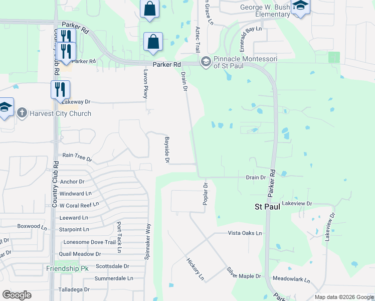 map of restaurants, bars, coffee shops, grocery stores, and more near 2403 Drain Drive in Wylie