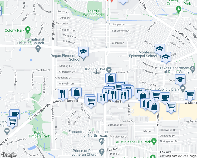 map of restaurants, bars, coffee shops, grocery stores, and more near 1618 Glencairn Lane in Lewisville